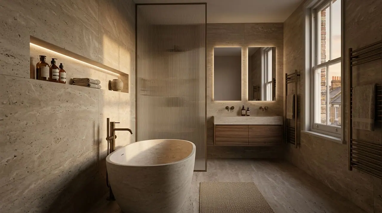 Newly tiled walk-in wet room with a level-access shower, frameless glass panel and large-format porcelain tiling.