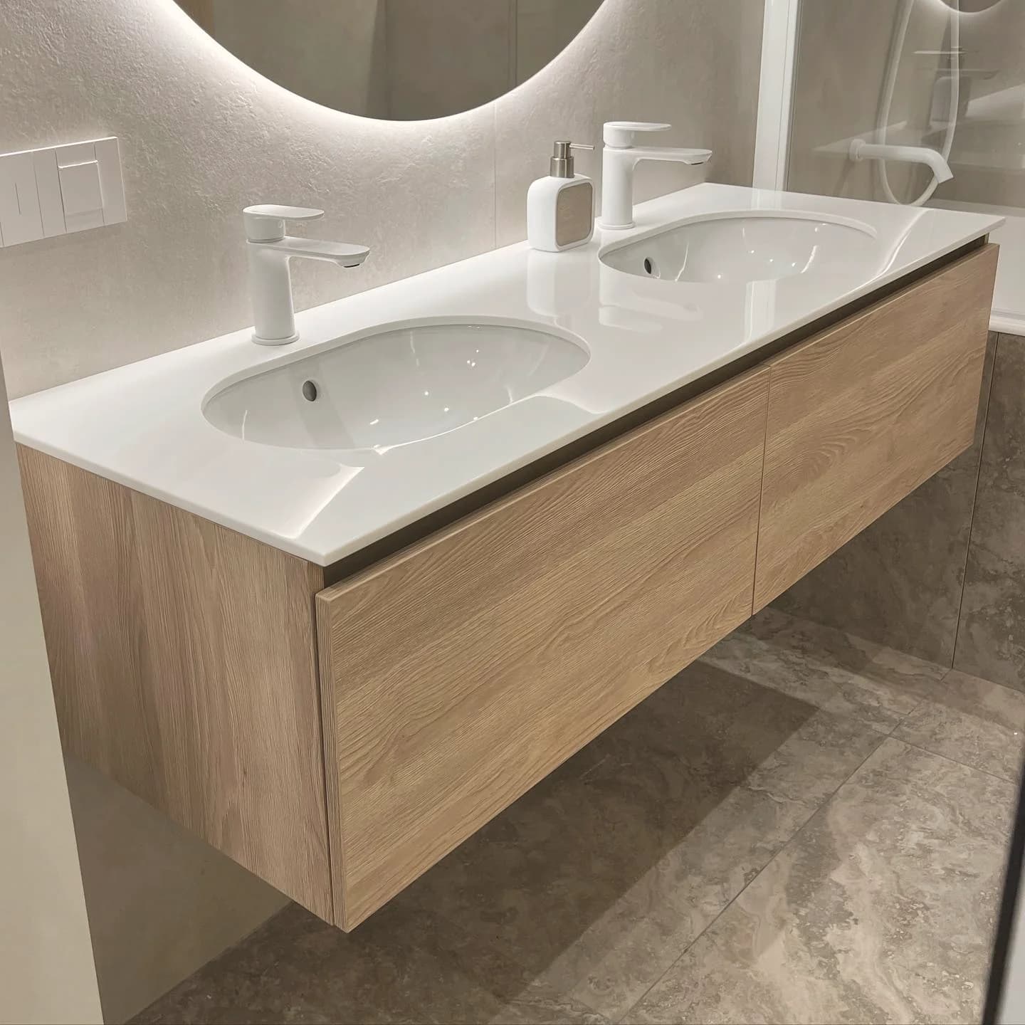 Oak double vanity with backlit mirror — London