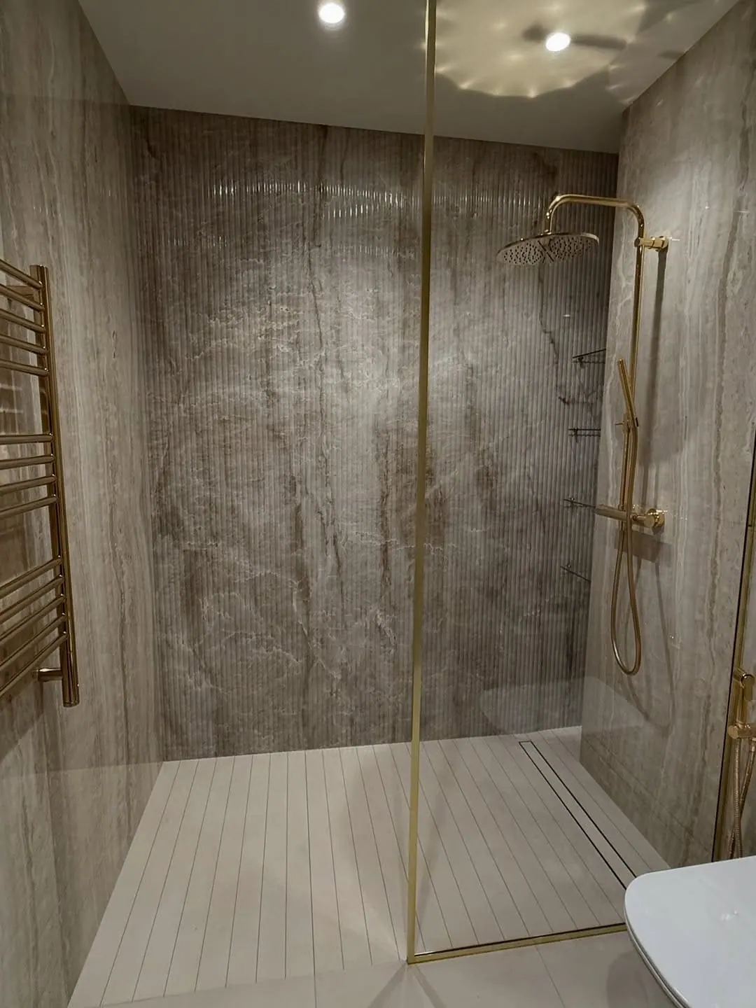 Travertine & brass bathroom refit — Walthamstow, London