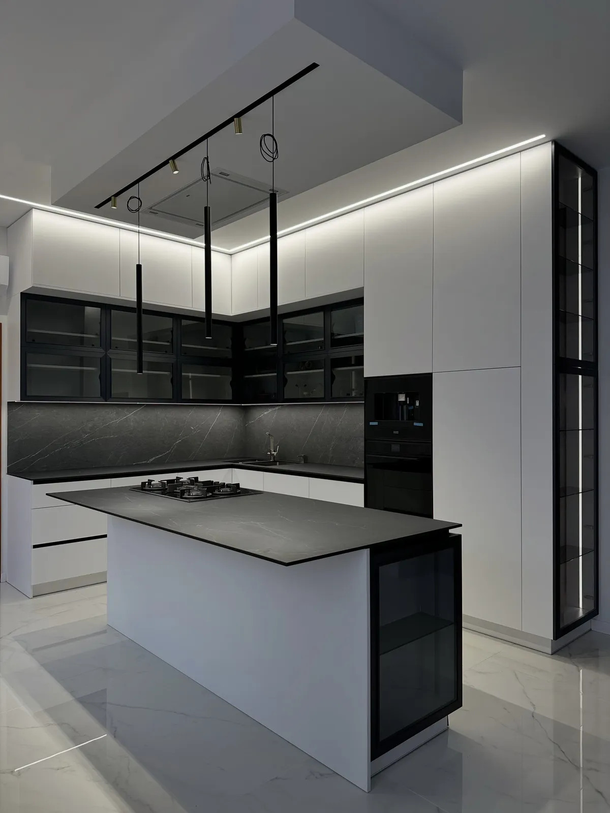Monochrome kitchen with black stone island — Beckenham, London