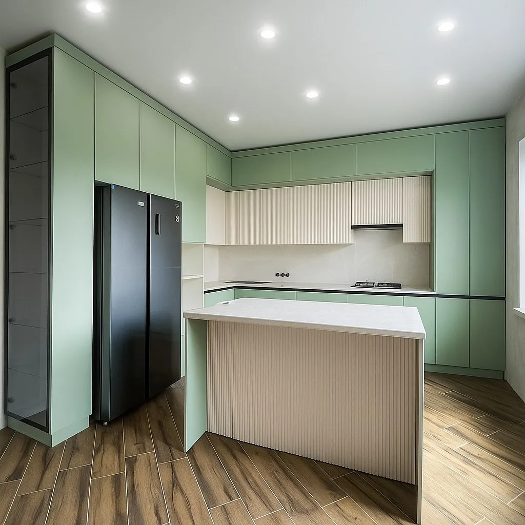 Sage green kitchen with fluted island — Loughton, Essex