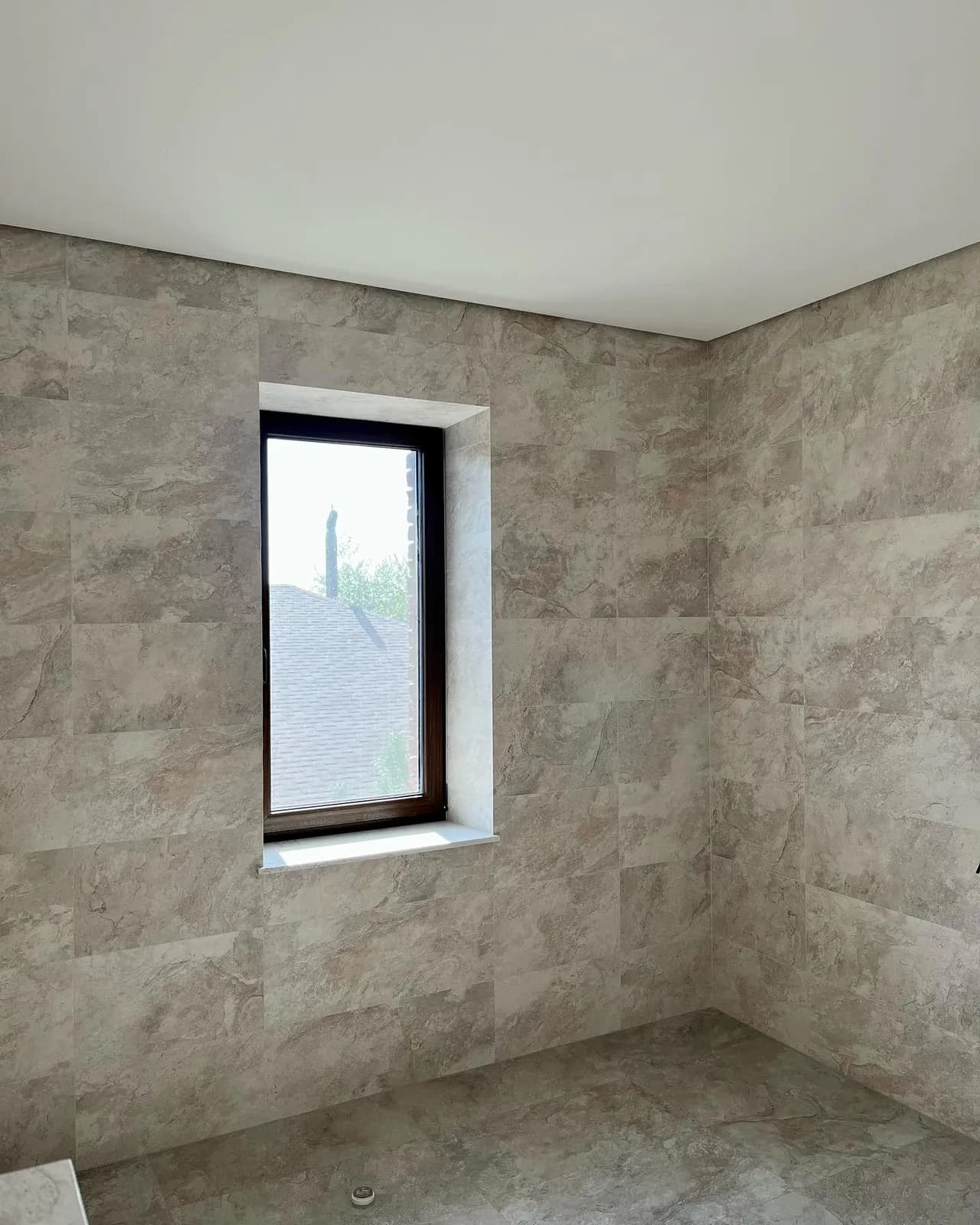 Travertine bathroom with walk-in shower — Cheshunt, Hertfordshire