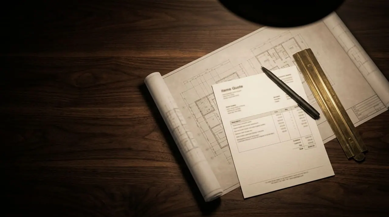 PrimeCraft Surface Solutions team reviewing an itemised quote and drawings on a London renovation site.