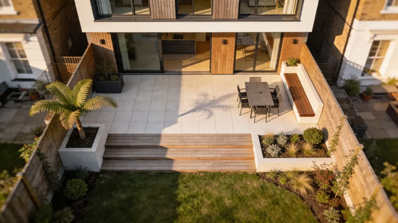 Wide-plank engineered oak flooring laid throughout an open-plan London living and dining room.