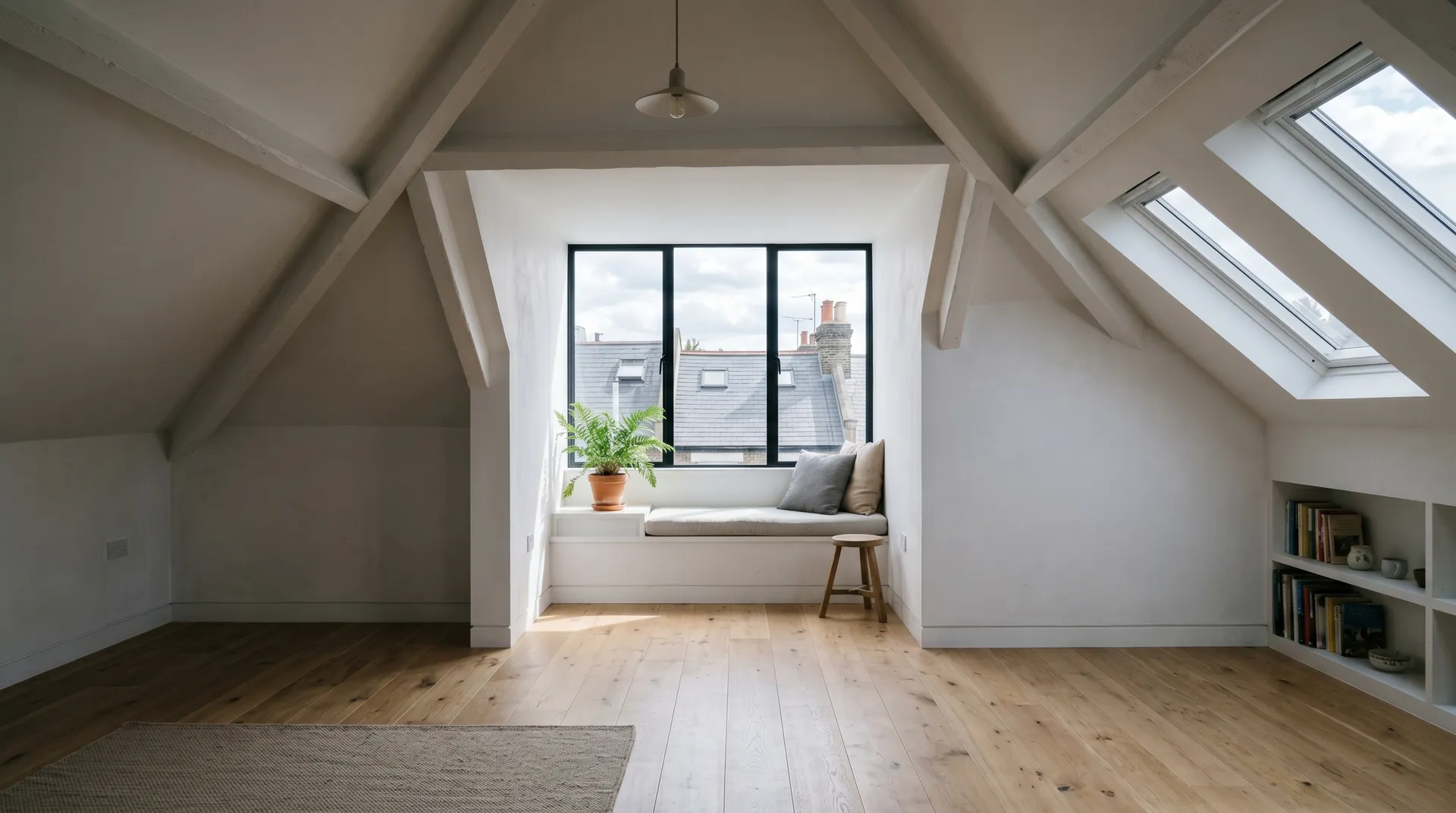 Restored interior of a London period home with repaired lime plaster, original cornice and an overhauled timber sash window.