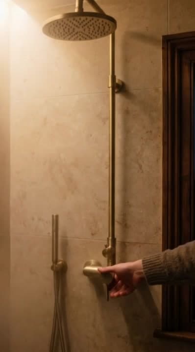 A finished marble bathroom with a brass shower by PrimeCraft Surface Solutions