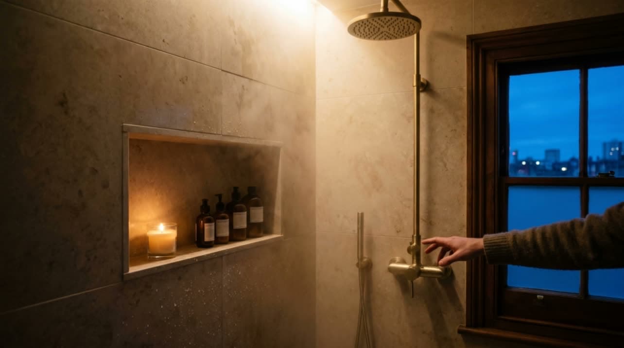 A finished marble bathroom with a brass shower by PrimeCraft Surface Solutions