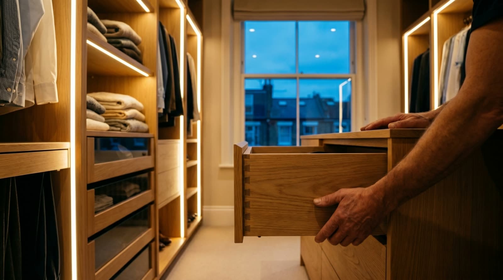 Bespoke fitted oak wardrobes and joinery in a London home by PrimeCraft Surface Solutions