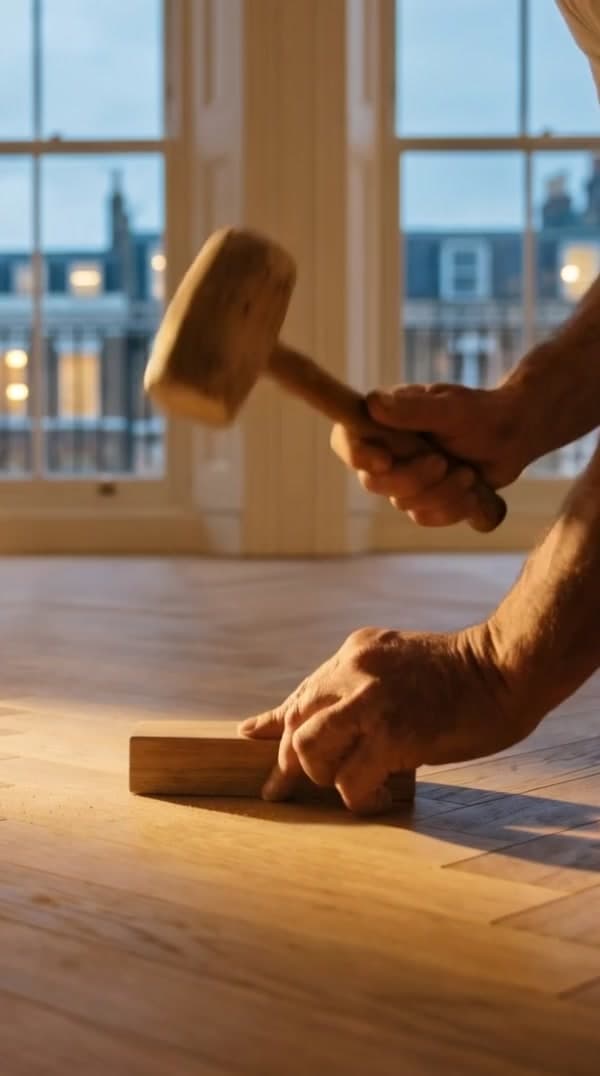 Herringbone parquet flooring being laid in a London home by PrimeCraft Surface Solutions