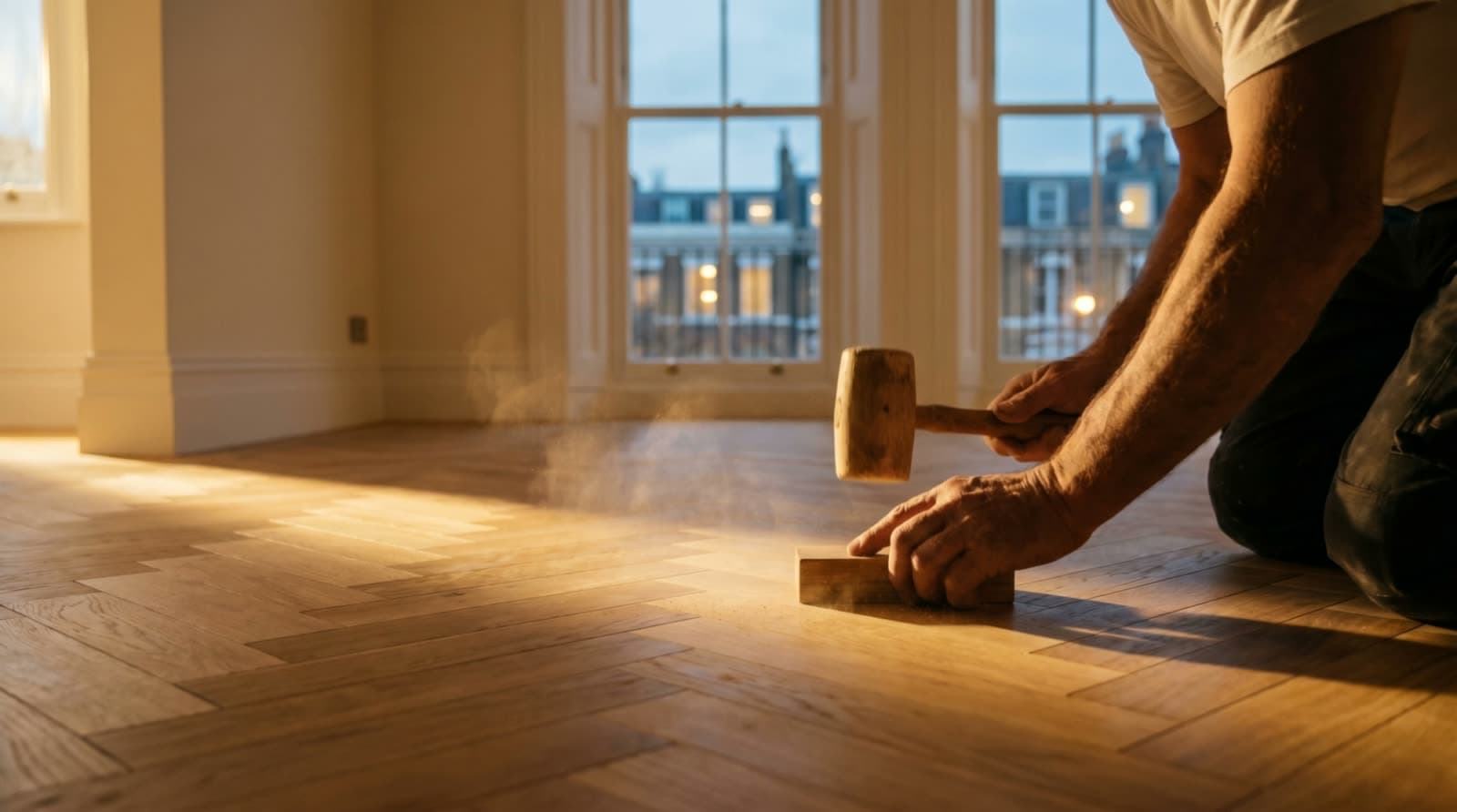 Herringbone parquet flooring being laid in a London home by PrimeCraft Surface Solutions