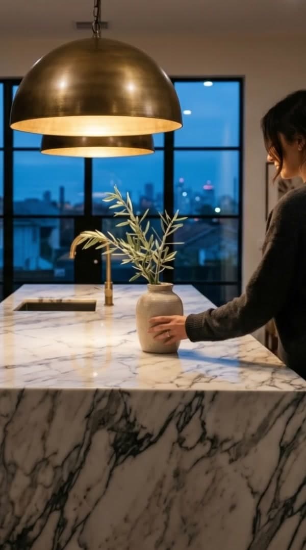 A finished open-plan London kitchen at dusk by PrimeCraft Surface Solutions — marble island and brass pendant