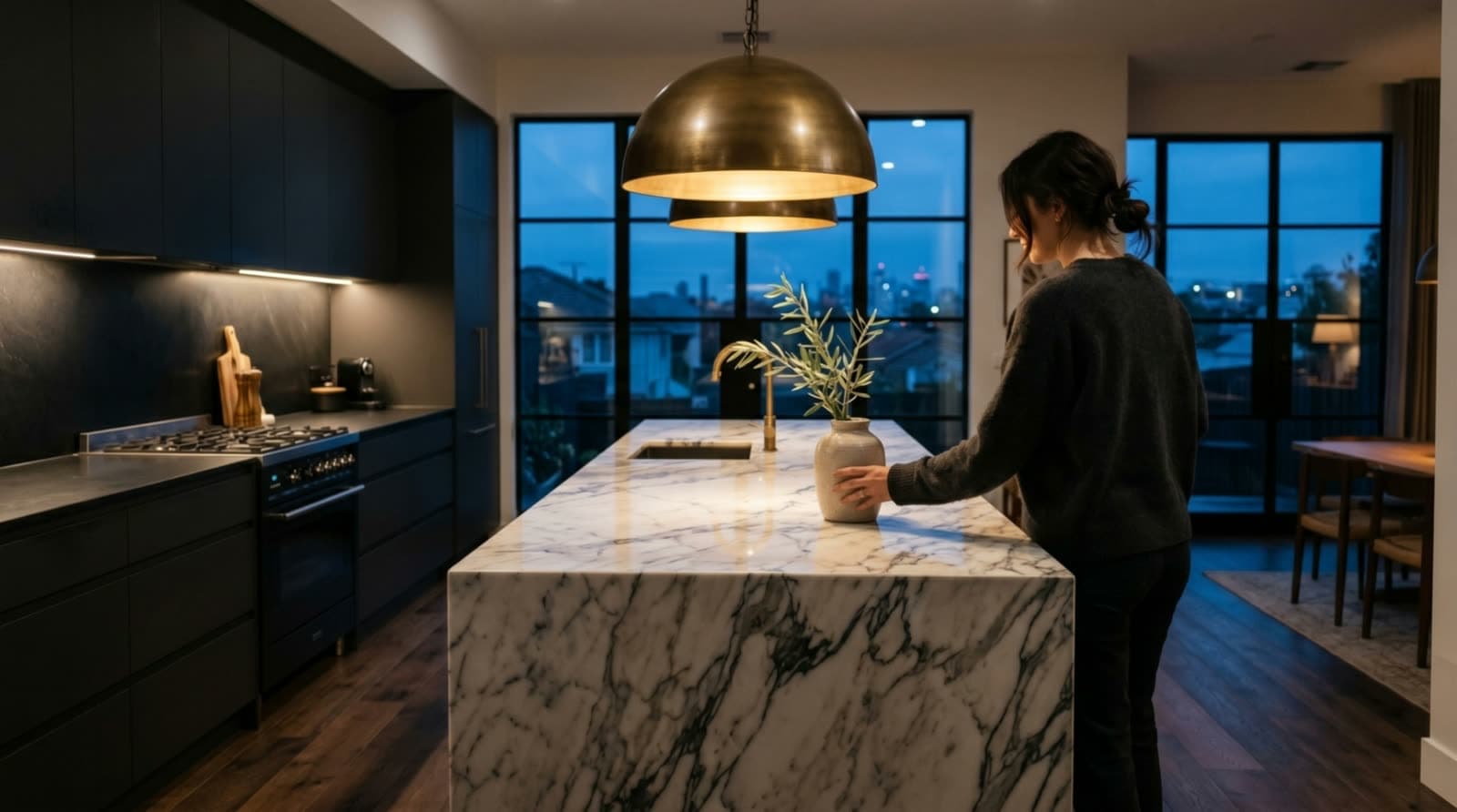 A finished open-plan London kitchen at dusk by PrimeCraft Surface Solutions — marble island and brass pendant