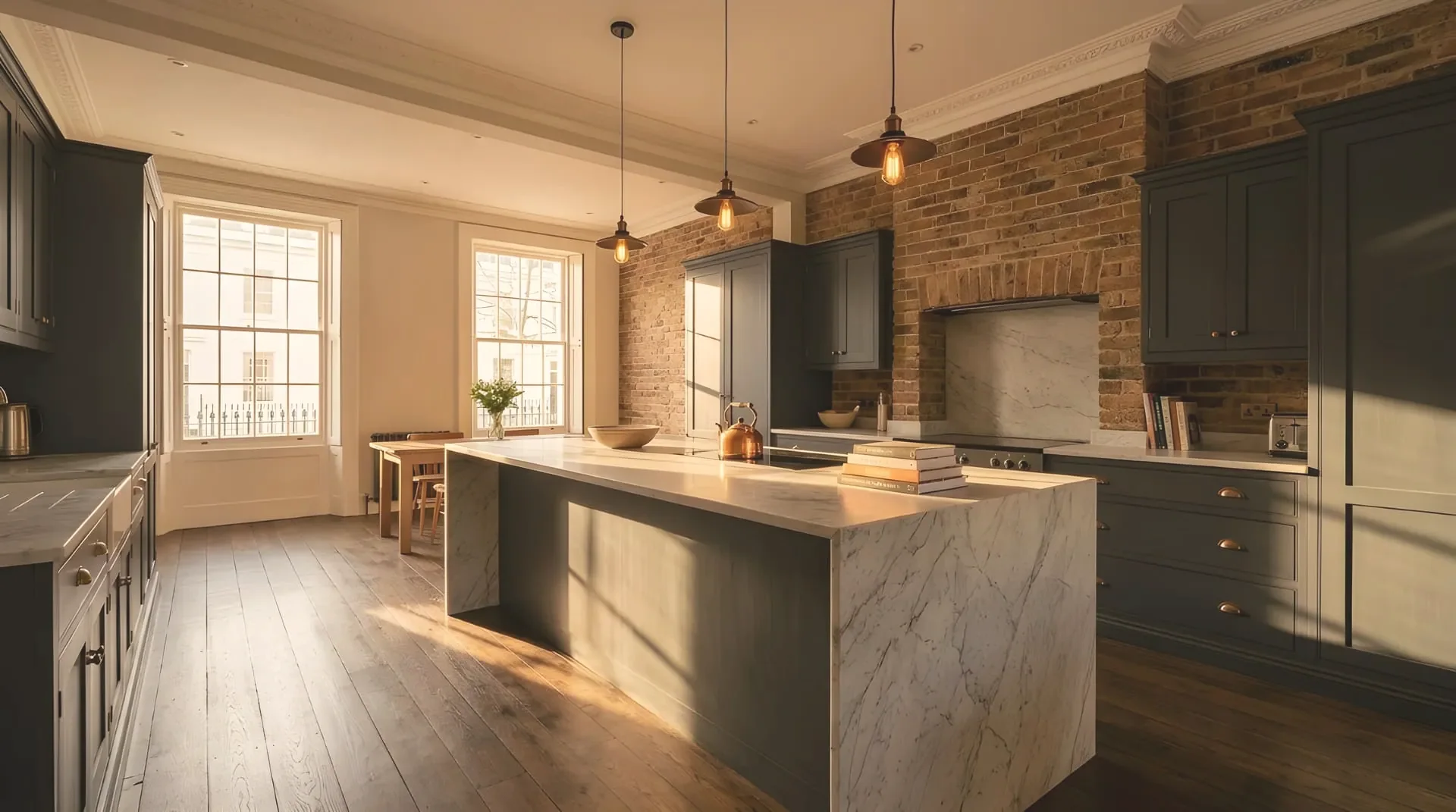 Open-plan kitchen-diner with an exposed brick chimney breast, dark cabinetry and a stone-topped island.