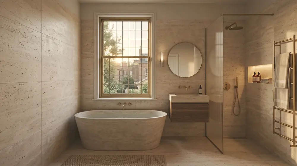 Renovated London bathroom by PrimeCraft Surface Solutions — large-format porcelain tiling, walk-in shower, wall-hung WC and a heated towel rail.