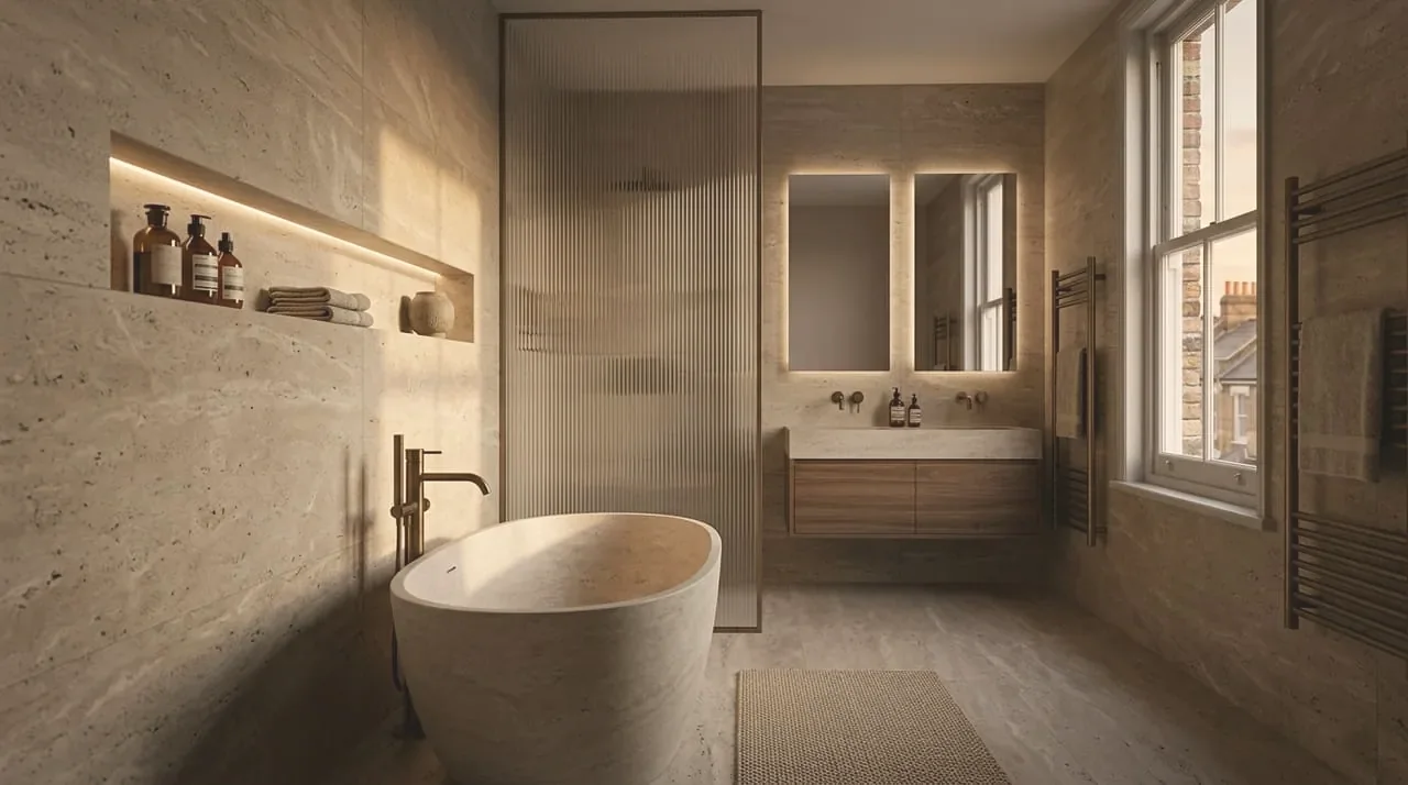 Newly tiled walk-in wet room with a level-access shower, frameless glass panel and large-format porcelain tiling.