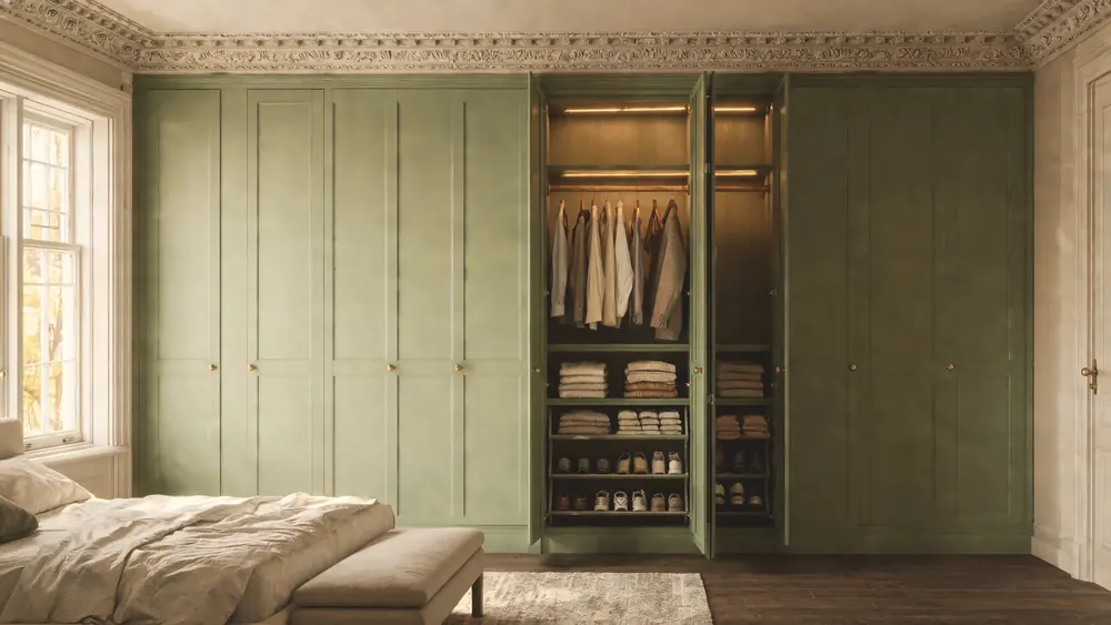 Floor-to-ceiling bespoke fitted wardrobes in a London bedroom by PrimeCraft Surface Solutions — painted, with brass handles, scribed to a period wall.