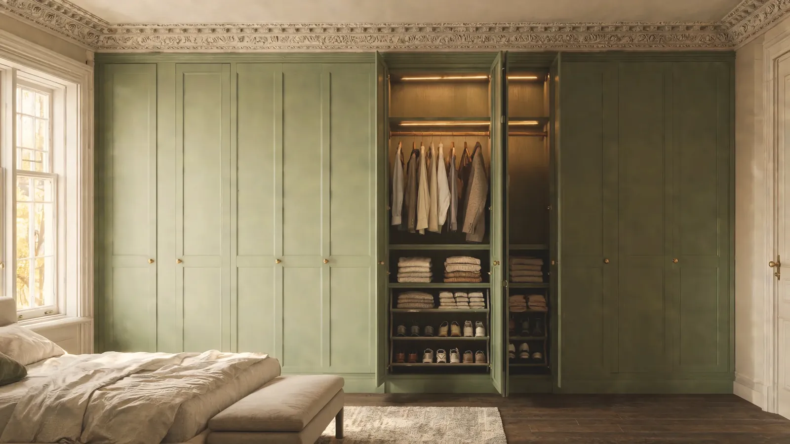 Floor-to-ceiling fitted wardrobes and alcove units in a London period room, built in hardwood and painted joinery.