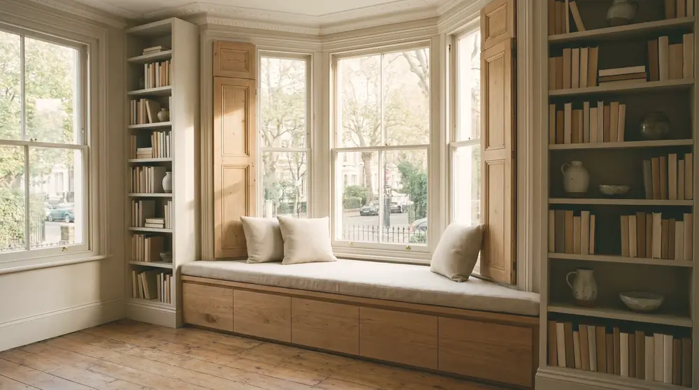 A built-in bay window seat with fitted bookshelves either side in a period front room.