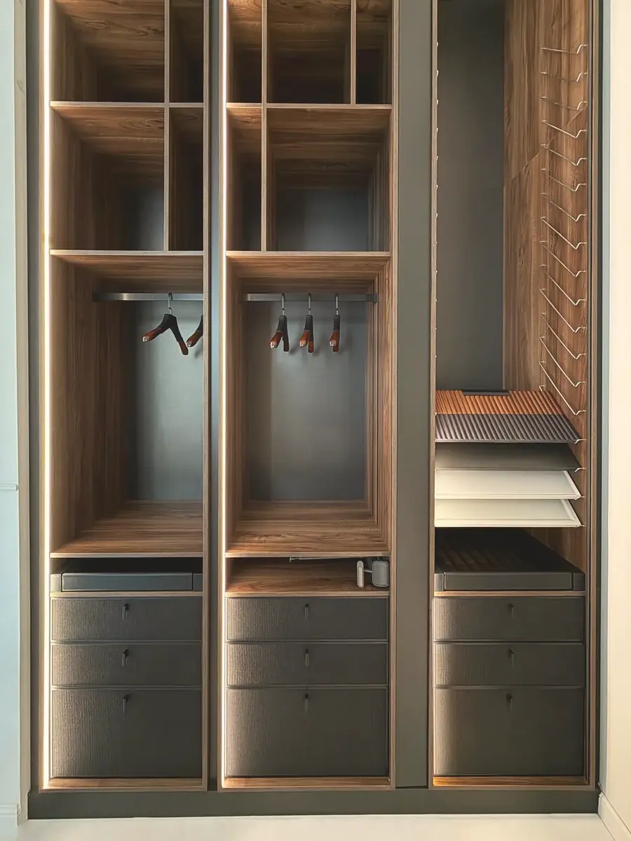 Walnut and bronze wardrobe interiors — London
