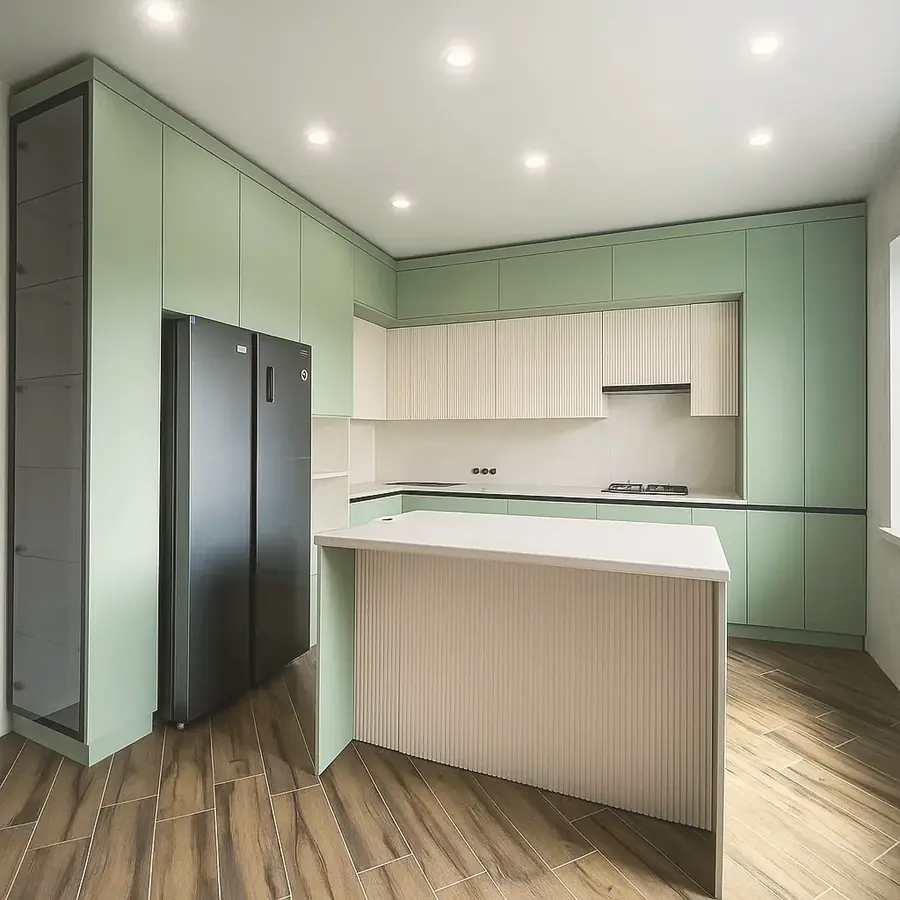 Sage green kitchen with fluted island — Loughton, Essex
