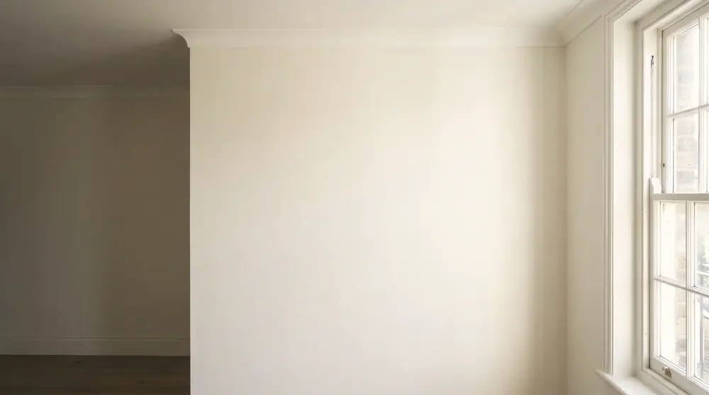 A London interior mid-redecoration by PrimeCraft Surface Solutions — walls prepared and first-coated, woodwork masked.