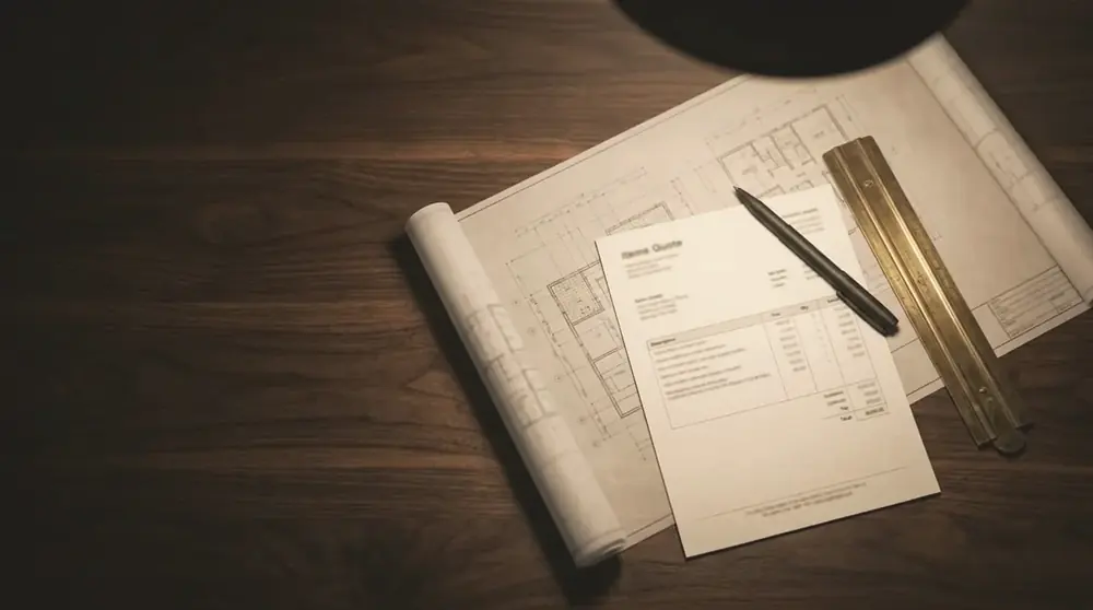 PrimeCraft Surface Solutions team reviewing an itemised quote and drawings on a London renovation site.