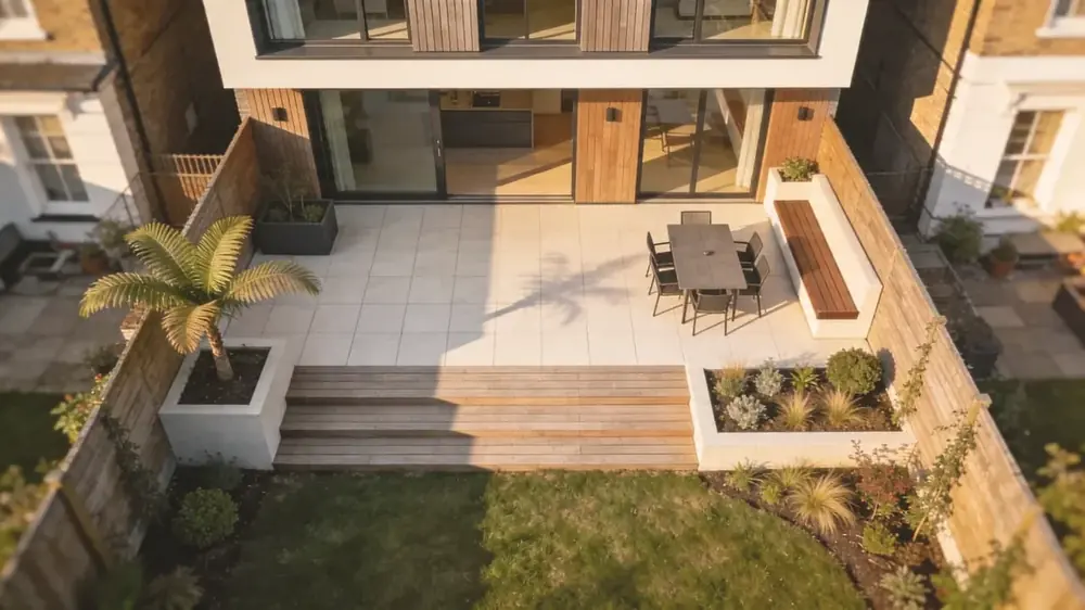 Completed side-return extension on a London Victorian terrace by PrimeCraft Surface Solutions — glazed roof lantern, full-width rear glazing onto a kitchen-diner.