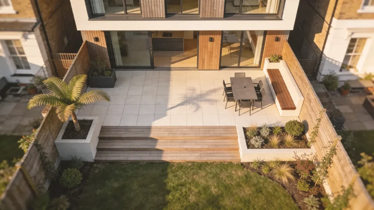 Wide-plank engineered oak flooring laid throughout an open-plan London living and dining room.