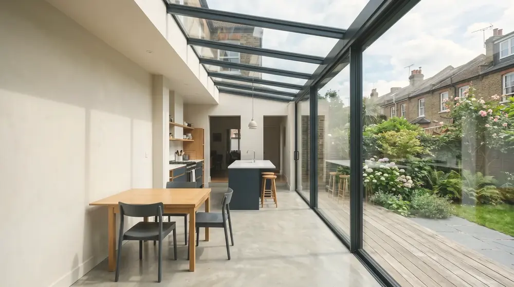 Finished single-storey rear extension fitted by PrimeCraft Surface Solutions on a London terrace — full-width glazing onto an open-plan kitchen-diner.