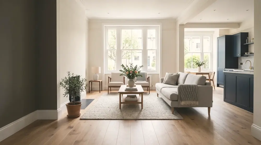 Whole-house renovation under way in a London terrace by PrimeCraft Surface Solutions — stripped back, new openings formed, services first-fixed.
