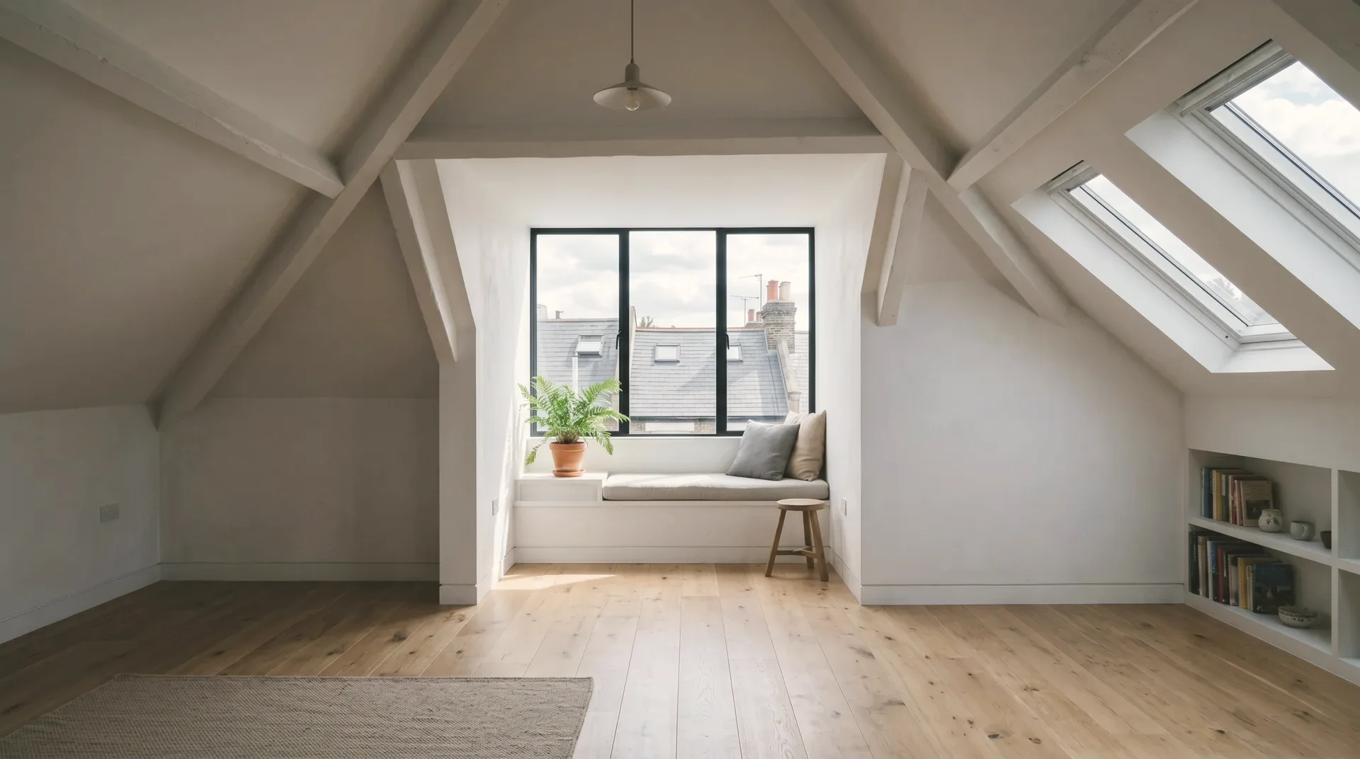 Restored interior of a London period home with repaired lime plaster, original cornice and an overhauled timber sash window.