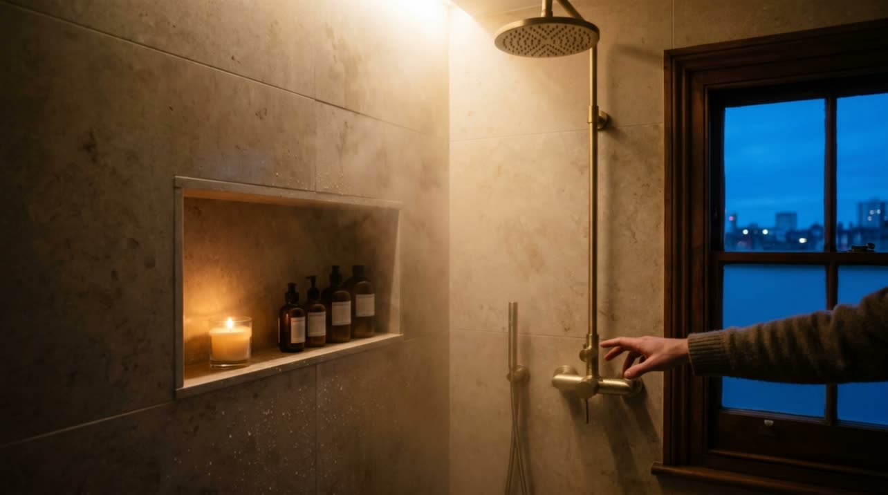 A finished marble bathroom with a brass shower by PrimeCraft Surface Solutions
