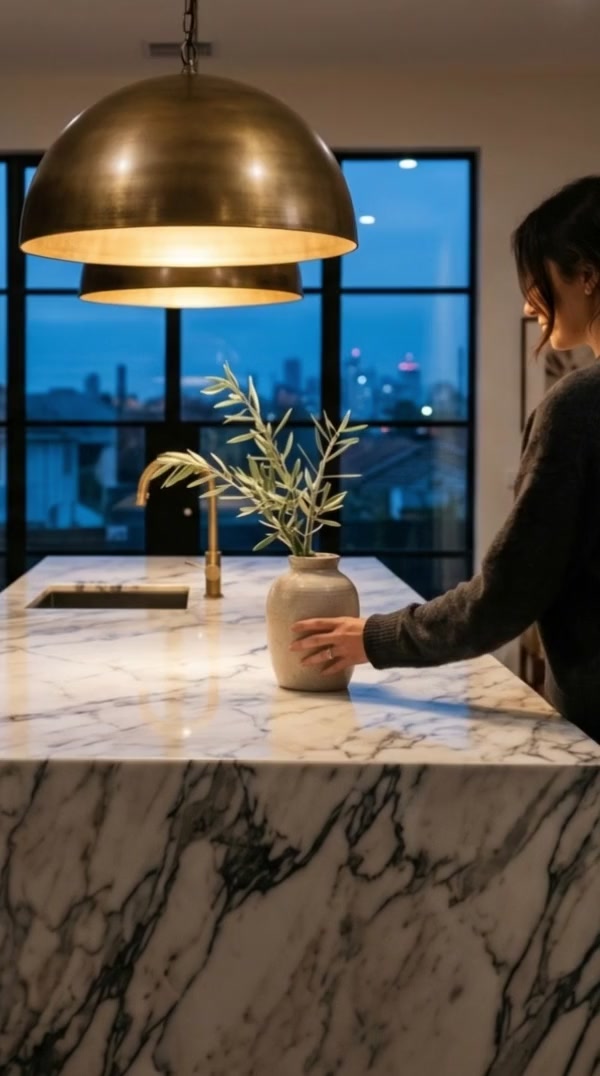 A finished open-plan London kitchen at dusk by PrimeCraft Surface Solutions — marble island and brass pendant